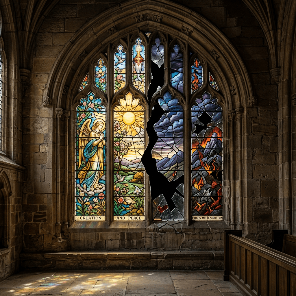 Stained glass window showing angel and peaceful nature scene alongside broken glass with fiery chaos imagery