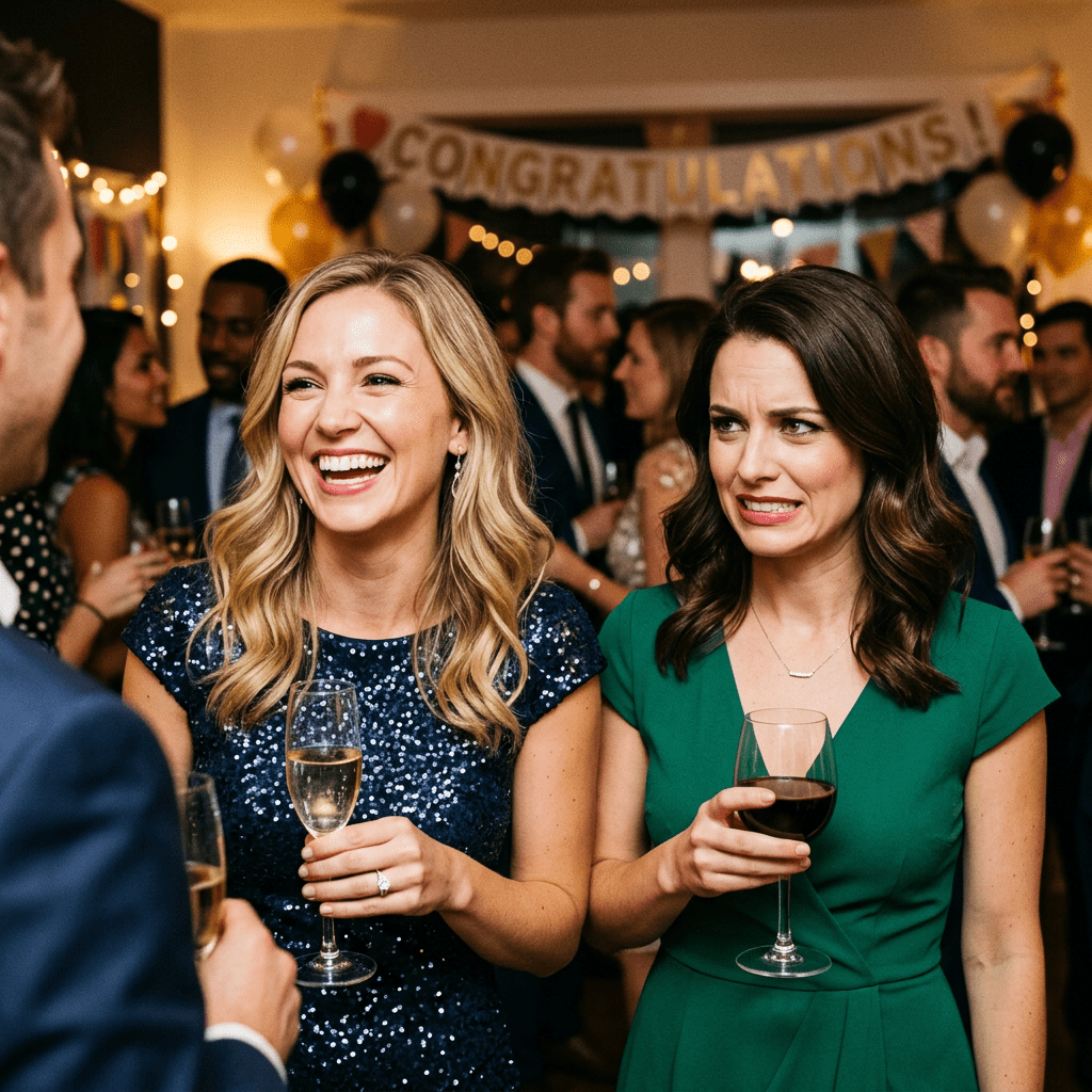 Two women at a party holding drinks, one laughing and the other grimacing nervously