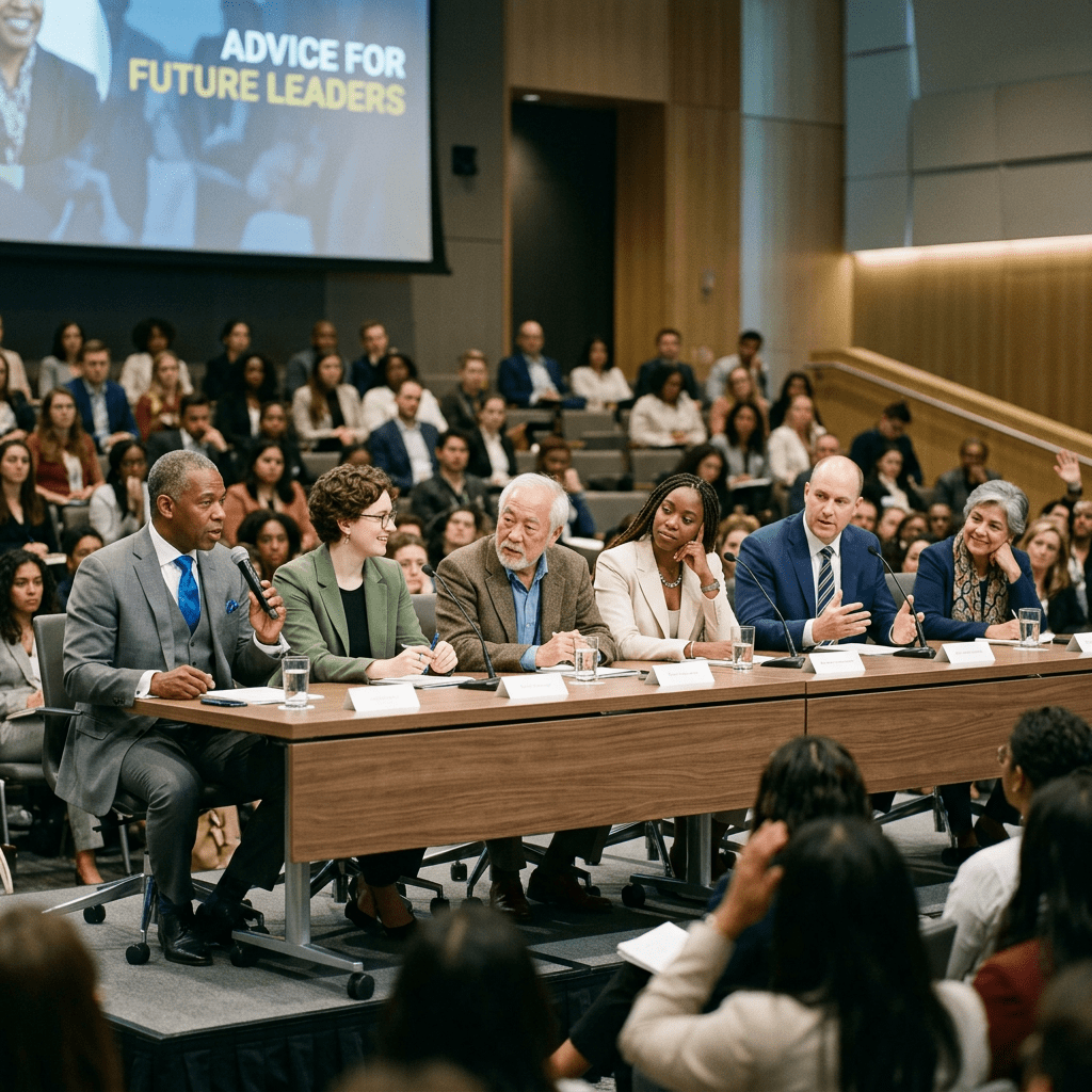 Diverse panelists speaking at a leadership advice event with an attentive audience