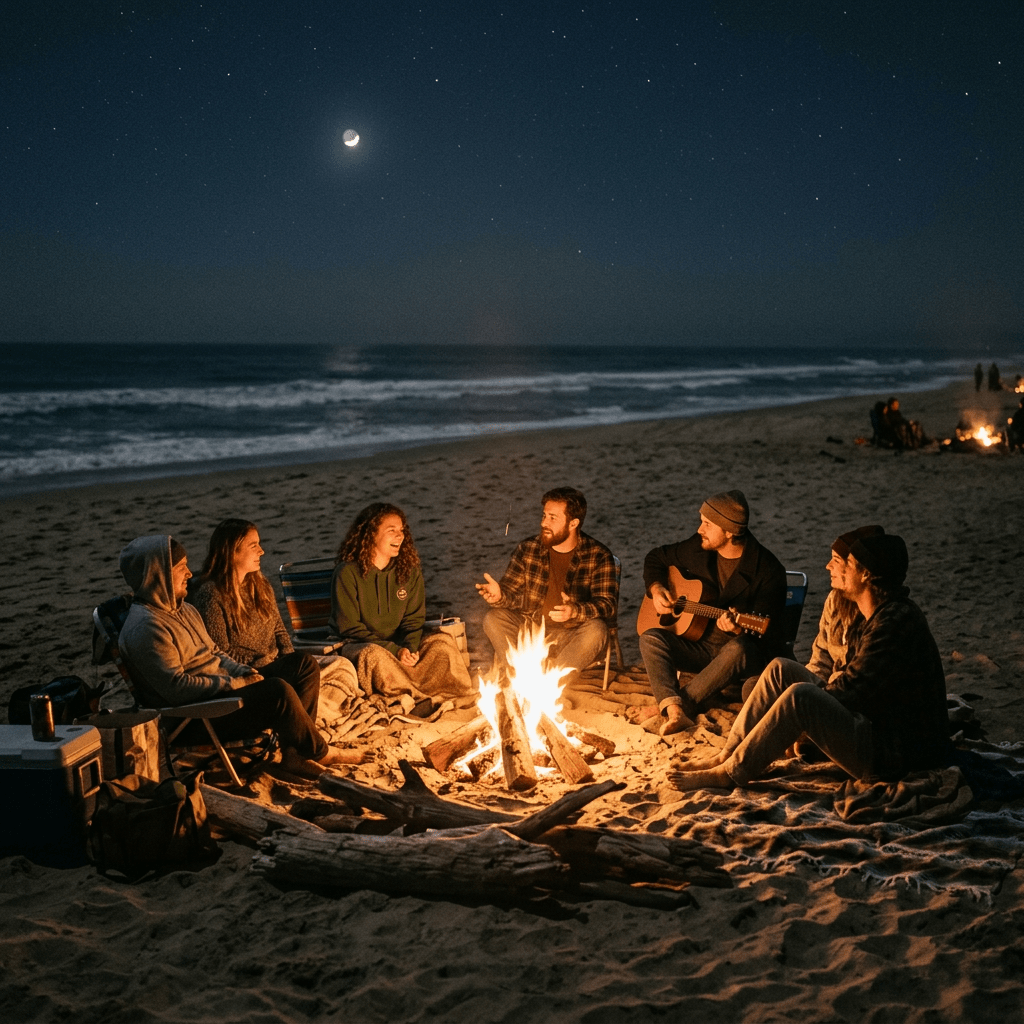 Group of six friends sitting around a bonfire on the beach at night, one playing guitar