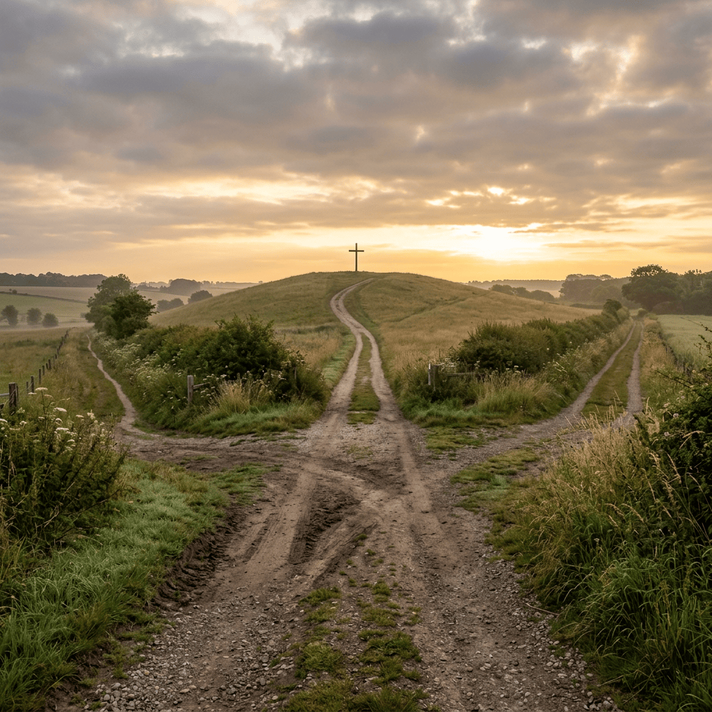 Country paths leading toward a cross on a hill at sunrise